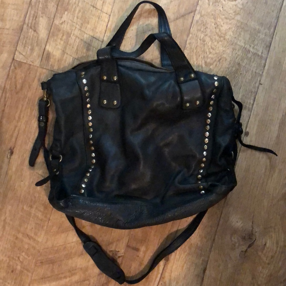 Black leather bag w/  strap. Genuine leather